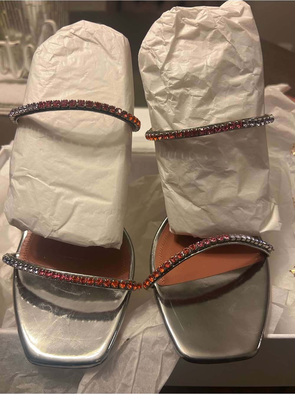 Amina Muaddi Silver Crystal-Strap High Heels